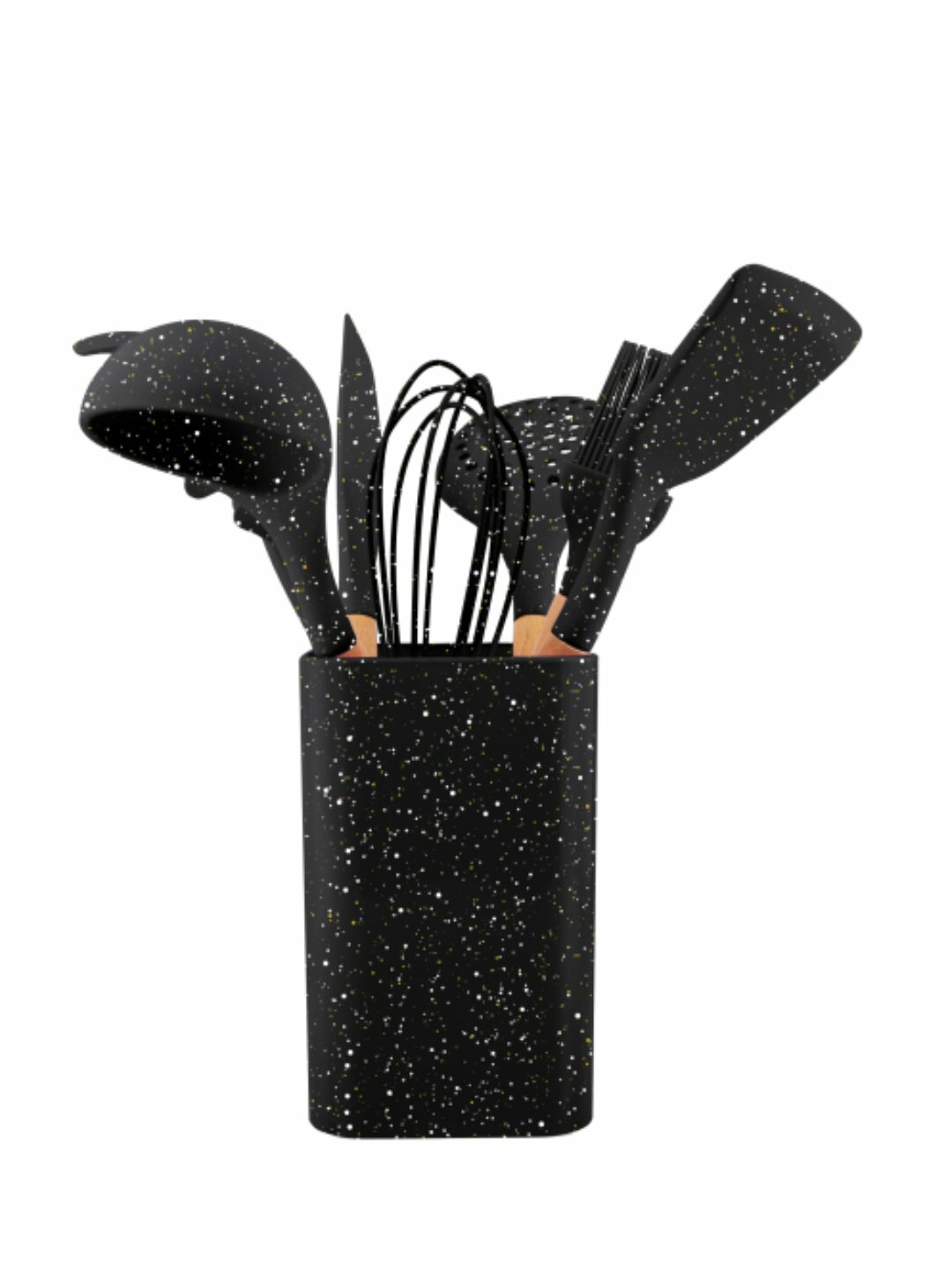 Набор кухонных принадлежностей силиконовый, 8 предметов, с деревянными ручками, 6 цветов - Черное стекло