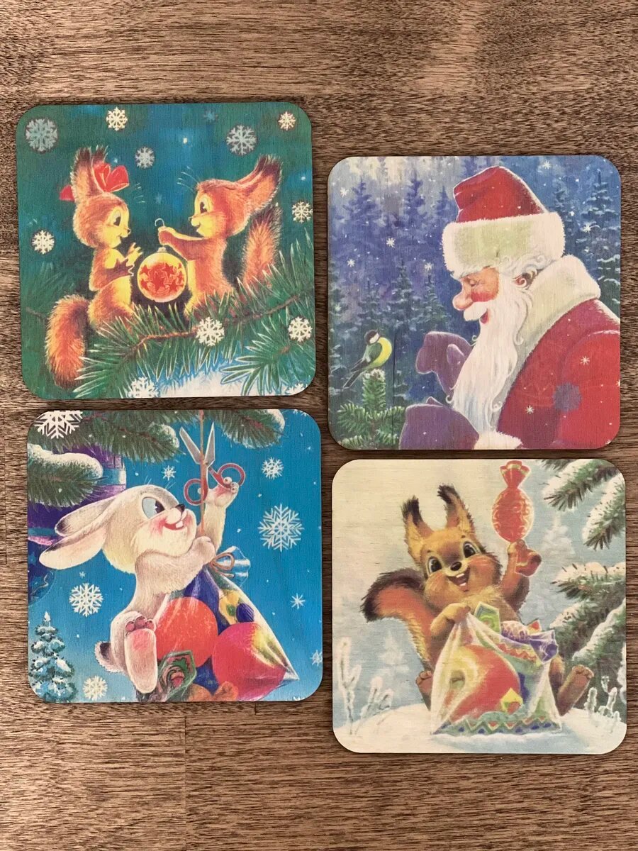Новогодние подставки под кружку и стаканы ретро СССР 4 шт