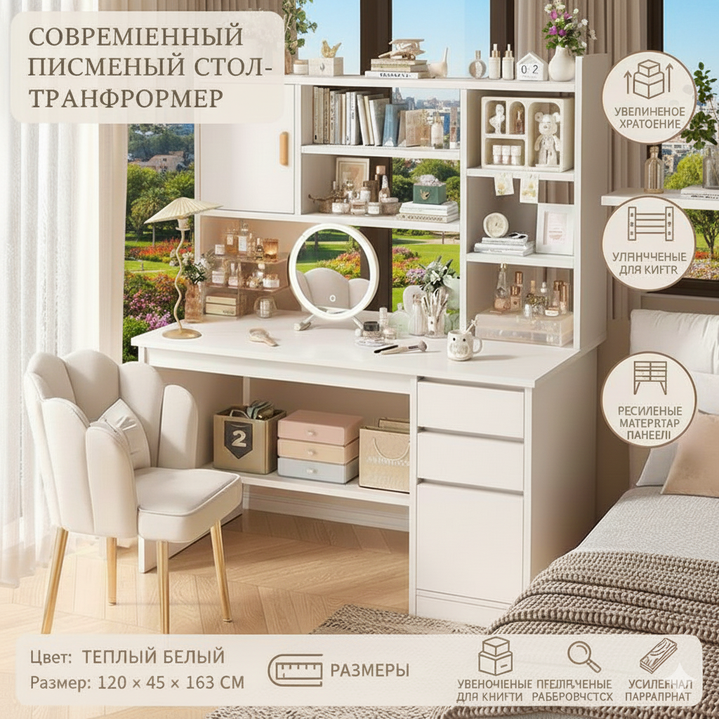 Письменный и компьютерный стол удобный, с ящиком и шкафчиком