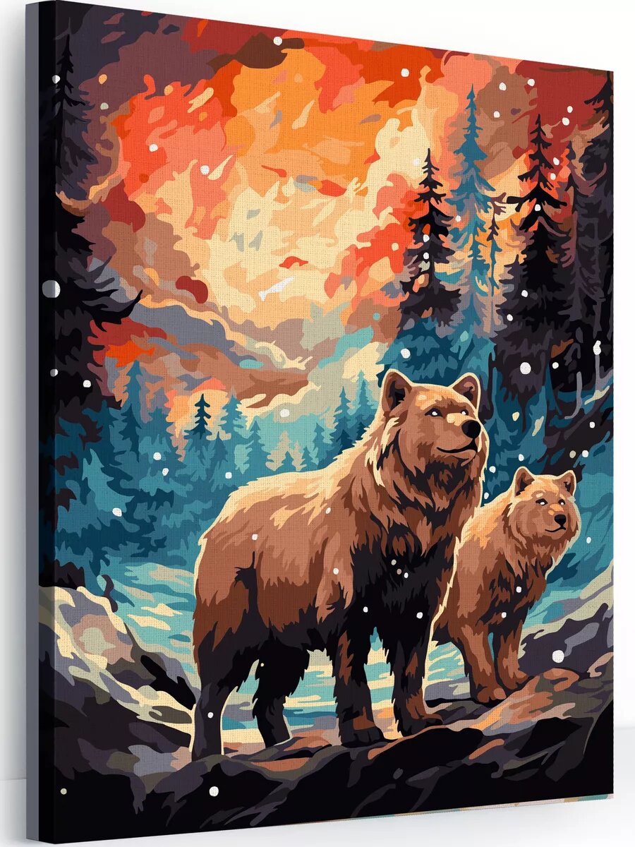 Картина по номерам на холсте с подрамником 40х50 см Медведи на закате