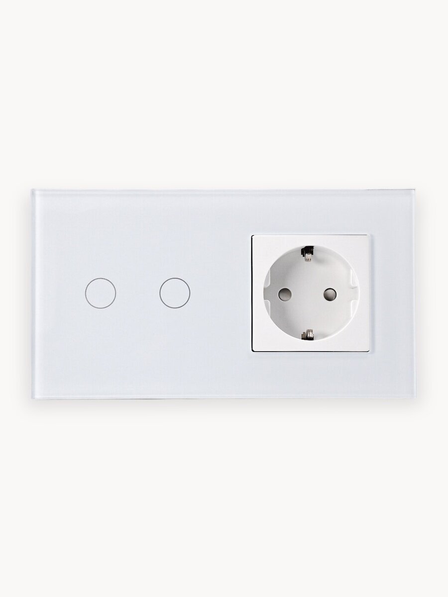 Умный сенсорный выключатель Wi-Fi двухклавишный с розеткой в одной стеклянной рамке с нулем, белый, умный дом