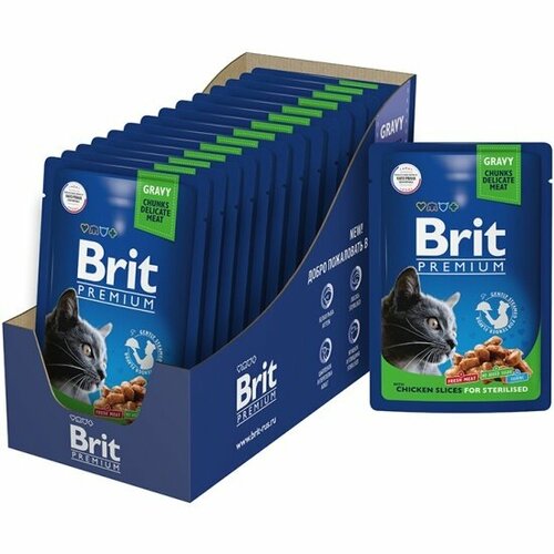 Корм влажный (паучи) Brit Premium Cat Sterilised для взрослых стерилизованных кошек, кусочки в соусе, цыпленок, 85 г х 14 шт brit premium cat duck