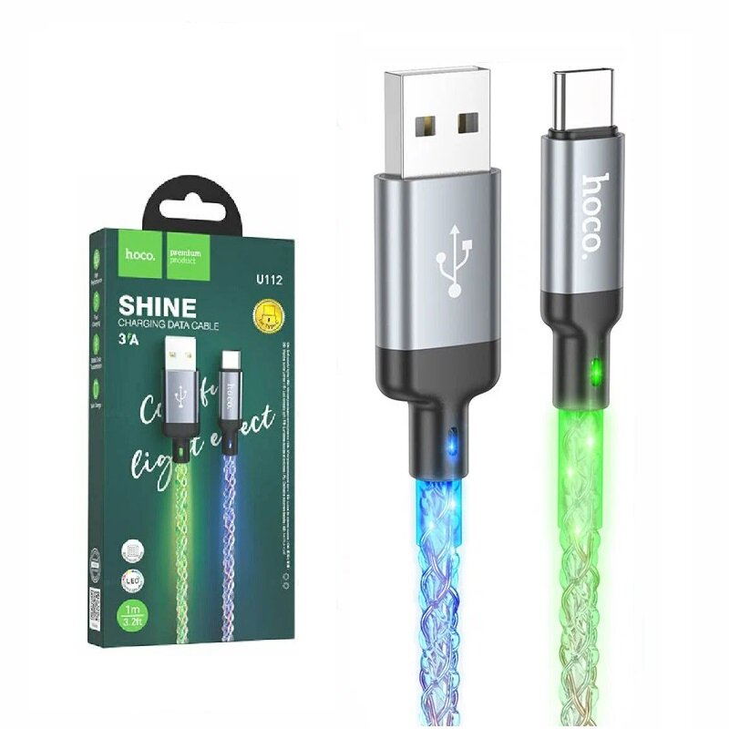 фото Кабель HOCO U112 Shine USB Type-C 3A, 1м, светящийся цветной
