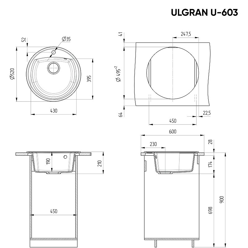 Мойка кухонная Ulgran 52х52 черная - фото №6