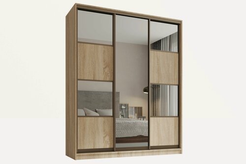 Изображение товара Шкаф купе, для одежды Линц 3, Легкомаркет, 180х60х240, белье/платье/белье, дуб сонома, профиль шампань, с зеркалом