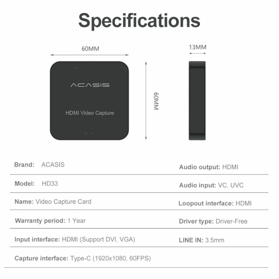 Карта видеозахвата Acasis HD33 HDMI на USB 20 с выводом HDMI для захвата потоковой игры PS4/NS