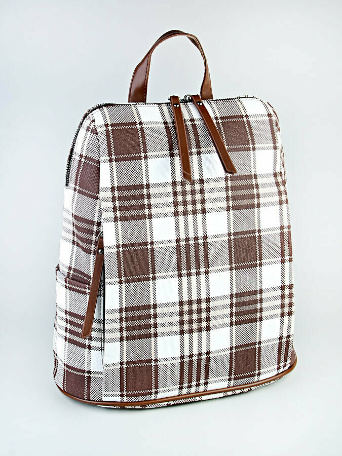 Рюкзак повседневный женский, кожаный, городской, на молнии, внутренний карман, регулируемый ремень, коричневый шахмат