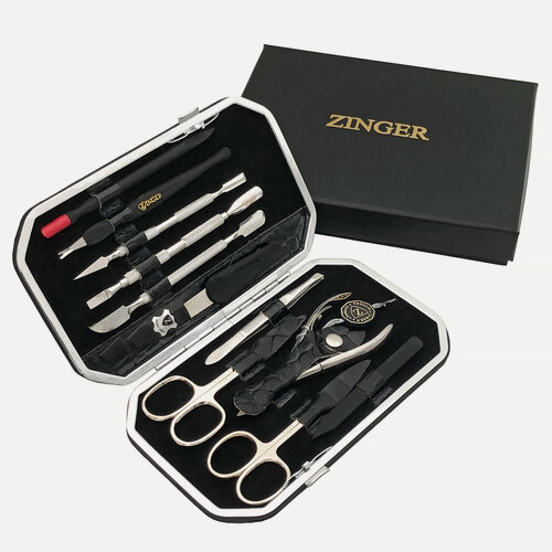 Изображение товара Маникюрный набор Zinger MSFE-802, 11 предметов, медицинская сталь, натуральная кожа, серебристый