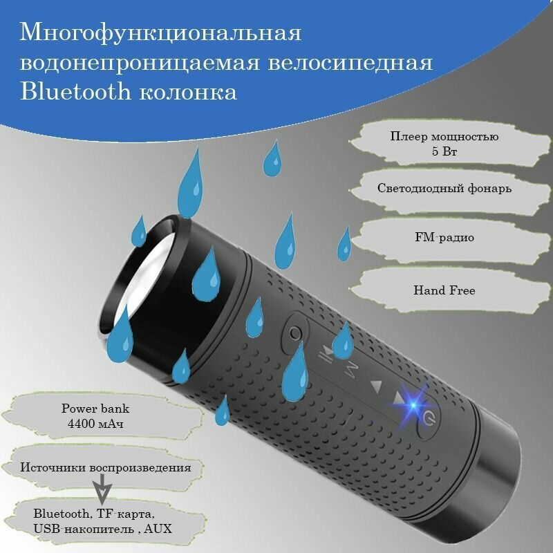Без бренда Многофункциональный велосипедный Bluetooth динамик 4 в 1: плеер фонарь Power bank FM-радио