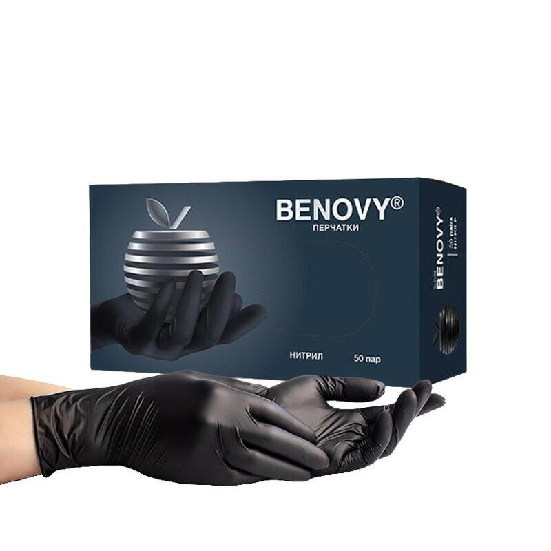Перчатки нитриловые особопрочные BENOVY Q черные размер M, 50 пар/упк