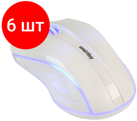 Комплект 6 шт, Мышь Smartbuy ONE 338, USB, с подсветкой, белый, 2btn+Roll