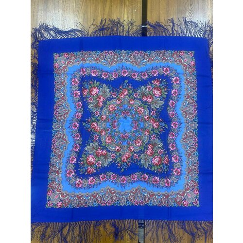 фото Платок-капюшон павловопосадская платочная мануфактура,89х89 см, синий