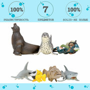 Фигурки игрушки серии "Мир морских животных": Акула, морской леопард, рыба-лиса, морской лев, рыба-молот, рыба-групер, дайвер (набор из 7 фигурок жив)