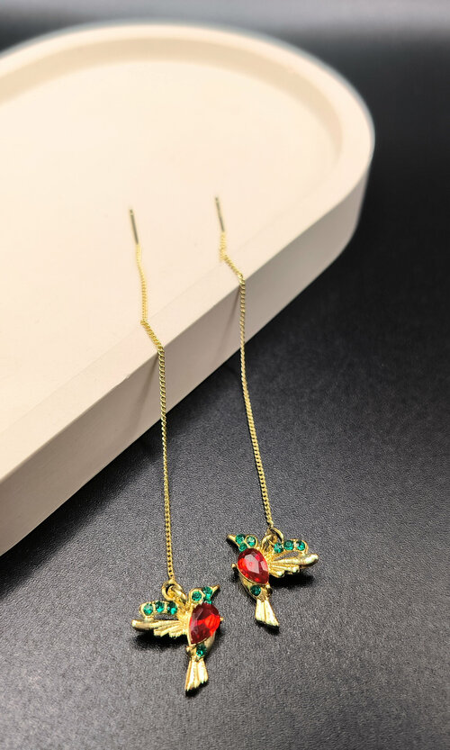 Серьги с подвесками  Серьги-цепочки колибри, стекло, размер/диаметр 105 мм, красный