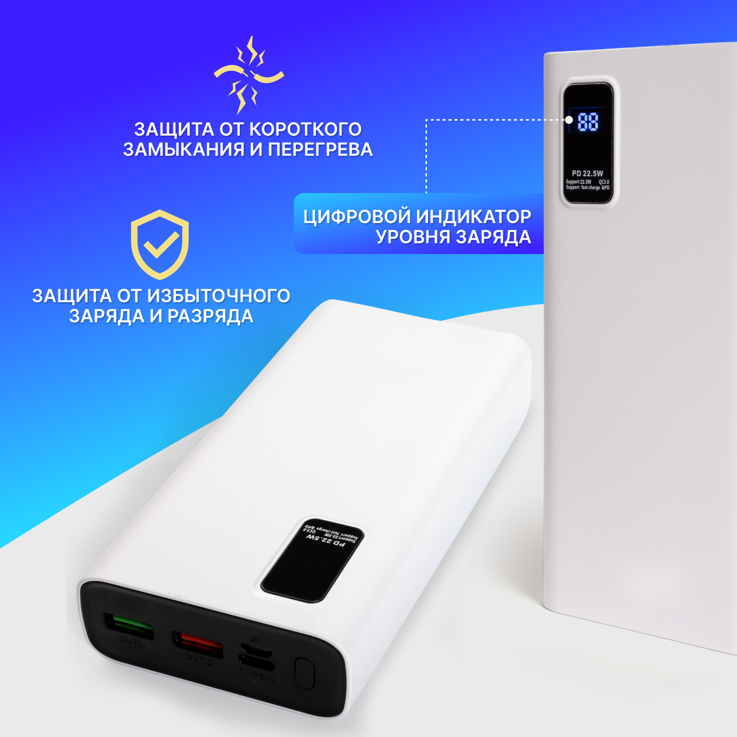 Повербанк (power bank) 20000mah с быстрой зарядкой, внешний аккумулятор для телефона iPhone, Xiaomi, Samsung, белый