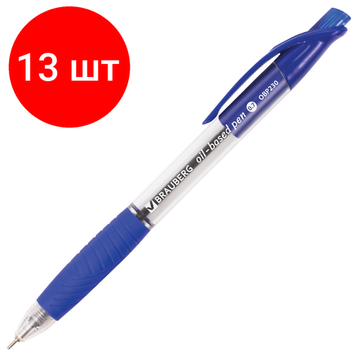 Комплект 13 шт, Ручка шариковая масляная автоматическая с грипом BRAUBERG Jet, синяя, узел 0.7 мм, линия письма 0.35 мм, 142132