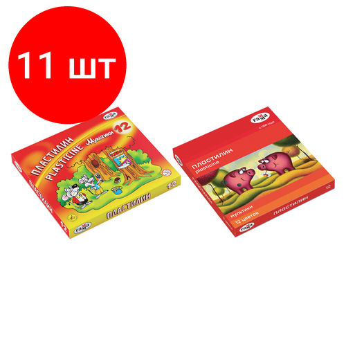 Комплект 11 шт, Пластилин классический гамма Мультики, 12 цветов, 240 г, со стеком, картонная упаковка, 280018/281018, 280018, 281018