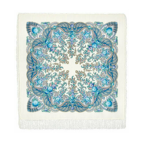 Платок Павловопосадская платочная мануфактура,125х125 см, белый, голубой