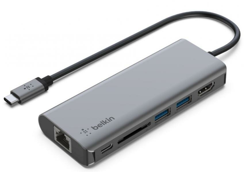 Адаптер Belkin 6в1 USB-C/HDMI, 2xUSB A, USB C, SD, Ethernet port, 100Вт, серый