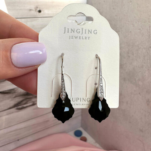 фото Серьги с подвесками xuping jewelry серьги-подвески с черным кристаллом сваровски, кристаллы swarovski, черный, серебряный