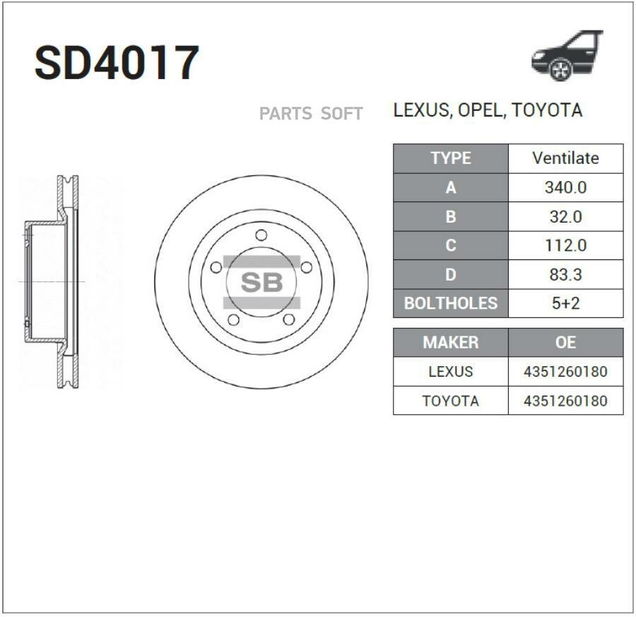 SD4017_диск тормозной передний! с покрытием\ Toyota Land Cruiser 200 4.7/4.5D 08> SANGSIN BRAKE / арт. SD4017 - (1 шт)