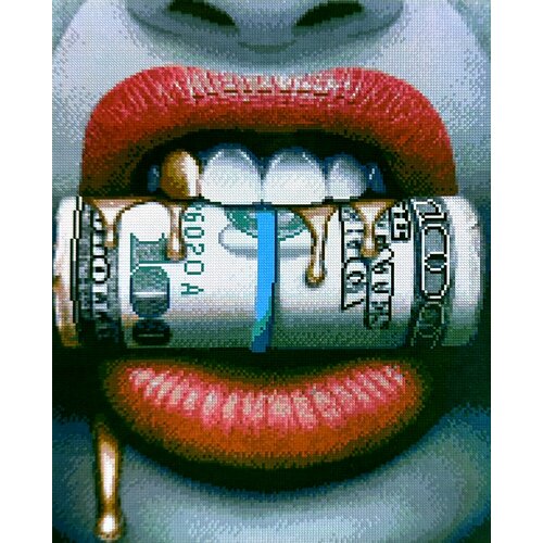 Алмазная мозаика Девушка, джокер, 40x50, квадратные стразы попарт, лицо, губы, богатство, золото, деньги, доллар, абстракция, яркая , чёрно-белая