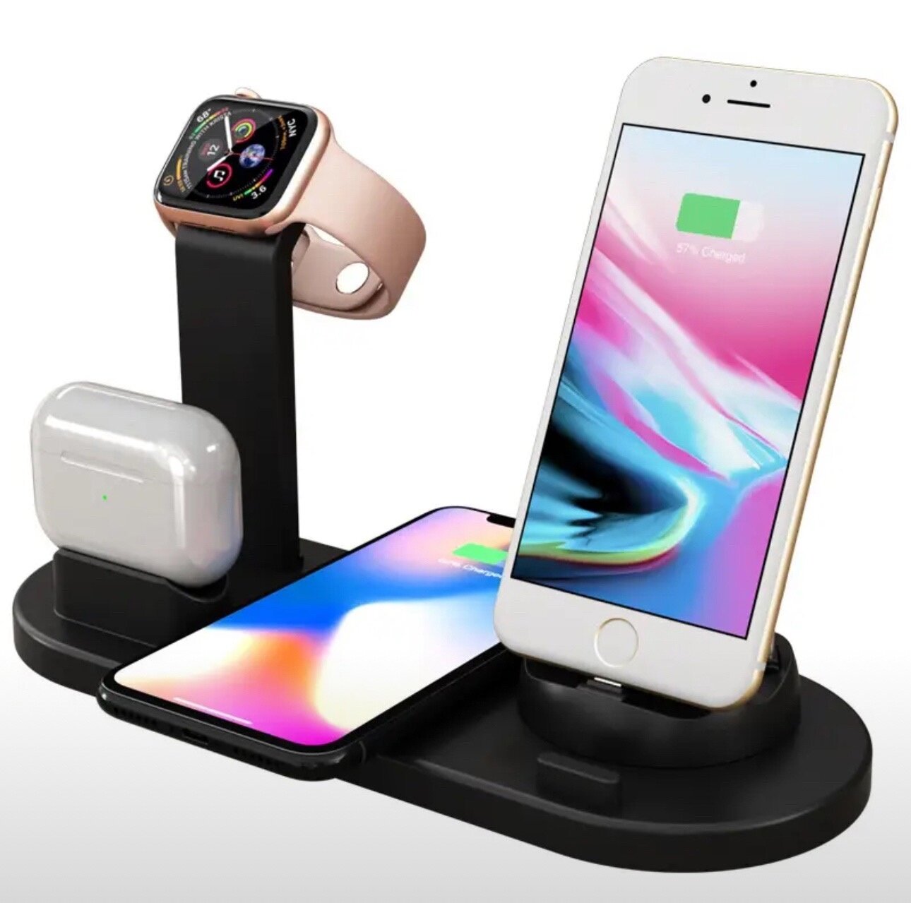 Беспроводное зарядное устройство 5 в 1 для телефонов часов Apple Watch и беспроводных наушников AirPods / Док станция с быстрой зарядкой / Черный