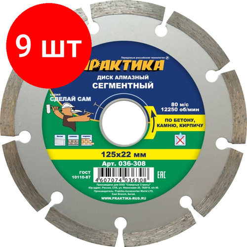 Комплект 9 штук, Диск алмазный ПРАКТИКА Сделай Сам сегментный d125x22.2мм, сухой рез(036-308)