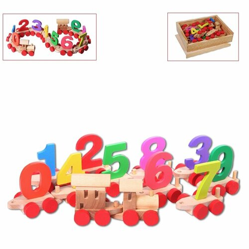 Развивающая игрушка PAREMO Деревянный паровозик с цифрами в деревянном ящике, бежевый