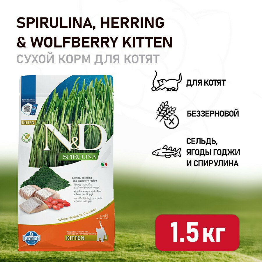 Farmina N&D Cat Spirulina Herring & Wolfberry Kitten сухой корм для котят с сельдью и ягодами годжи - 15 кг