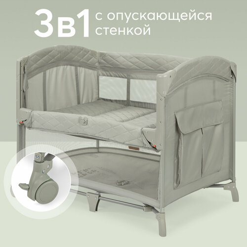 фото Манеж детский складной happy baby wilson, манеж кровать для новорожденных с колёсами, регулировка высоты, сумка-чехол в комплекте, оливковый