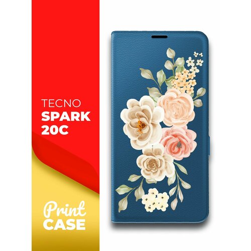 Чехол на Tecno Spark 20C (Техно Спарк 20С) синий книжка эко-кожа подставка отделением для карт и магнитами Book Case, Miuko (принт) Бледные цветы чехол на tecno spark 20c техно спарк 20с синий книжка эко кожа подставка отделением для карт и магнитами book case miuko принт цветы белые