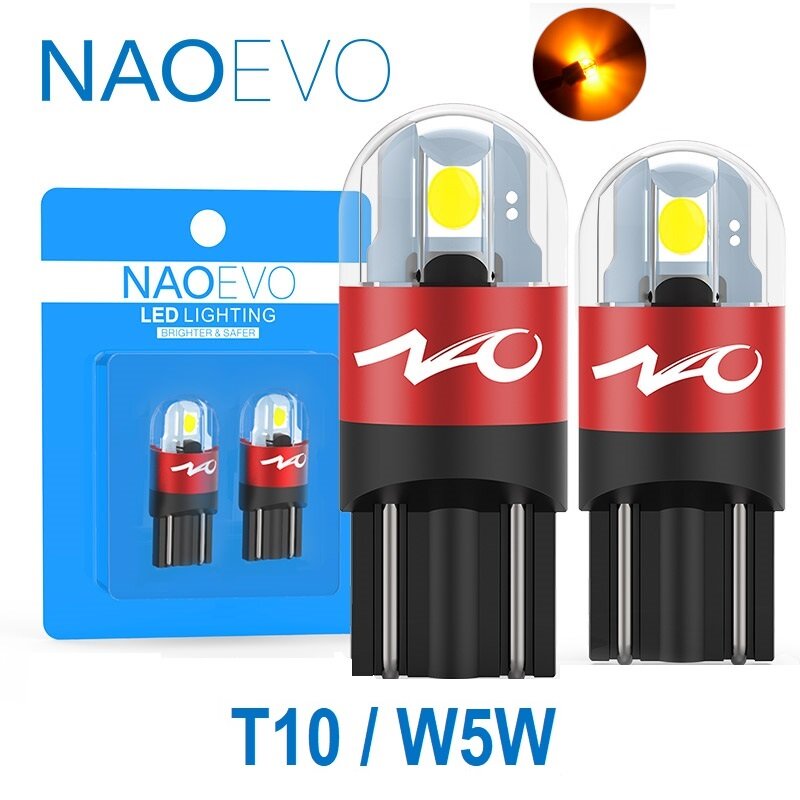 Светодиодная лампа NAOEVO T10 W5W цоколь W2.1x9.5d 2шт 3000К оранжевый свет LED автомобильная