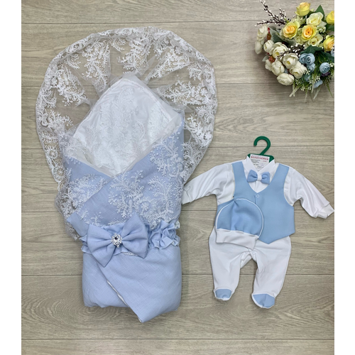 Конверт для новорожденного на выписку нарядный лён для мальчика голубой