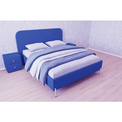 Двуспальная кровать Токио 140x200 основание металлическое с ламелями велюр синий ножки 13 см хром