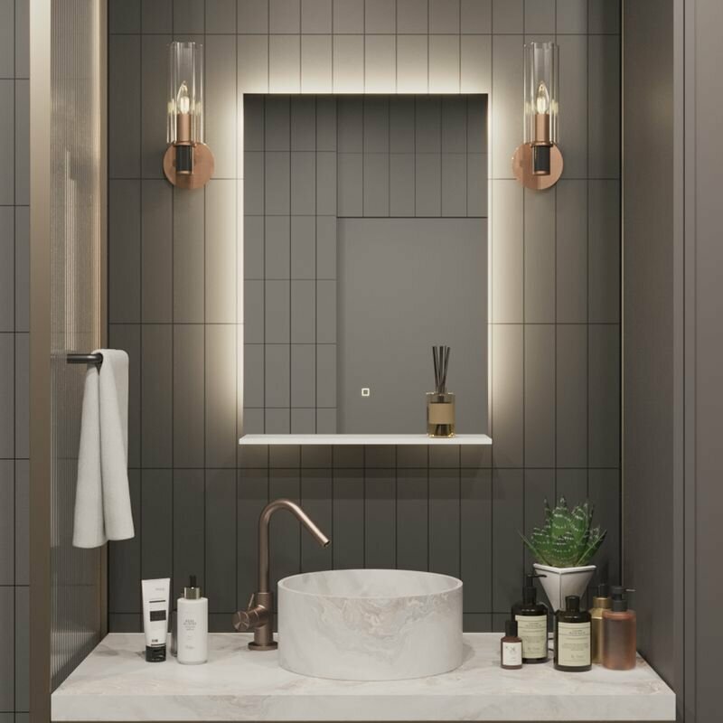 фото Зеркало Квартал с нейтральной LED-подсветкой и полкой