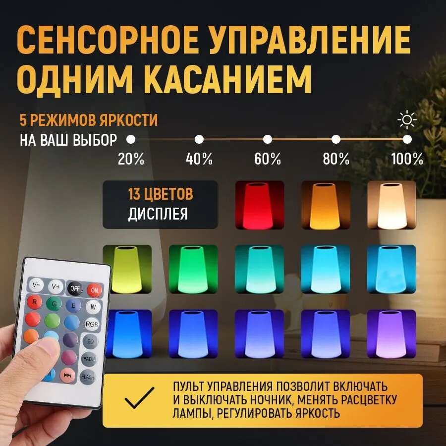 Сенсорный светильник/ LED-ночник для сна беспроводной/ Лампа настольная с пультом меняющая цвета — фото 1