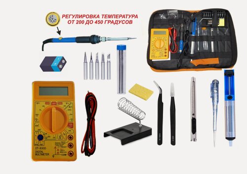 Изображение товара Паяльник с регулировкой, набор для пайки №1-4, мультиметр 830, подставка, оловоотсос, припой.
