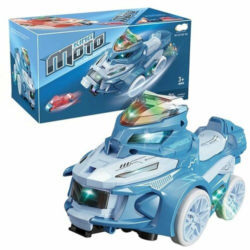 GC169-167-голубой Машинка игрушка интерактивная с мотоциклом Катапульта с мигающими огнями, звуком, с вращением на 360