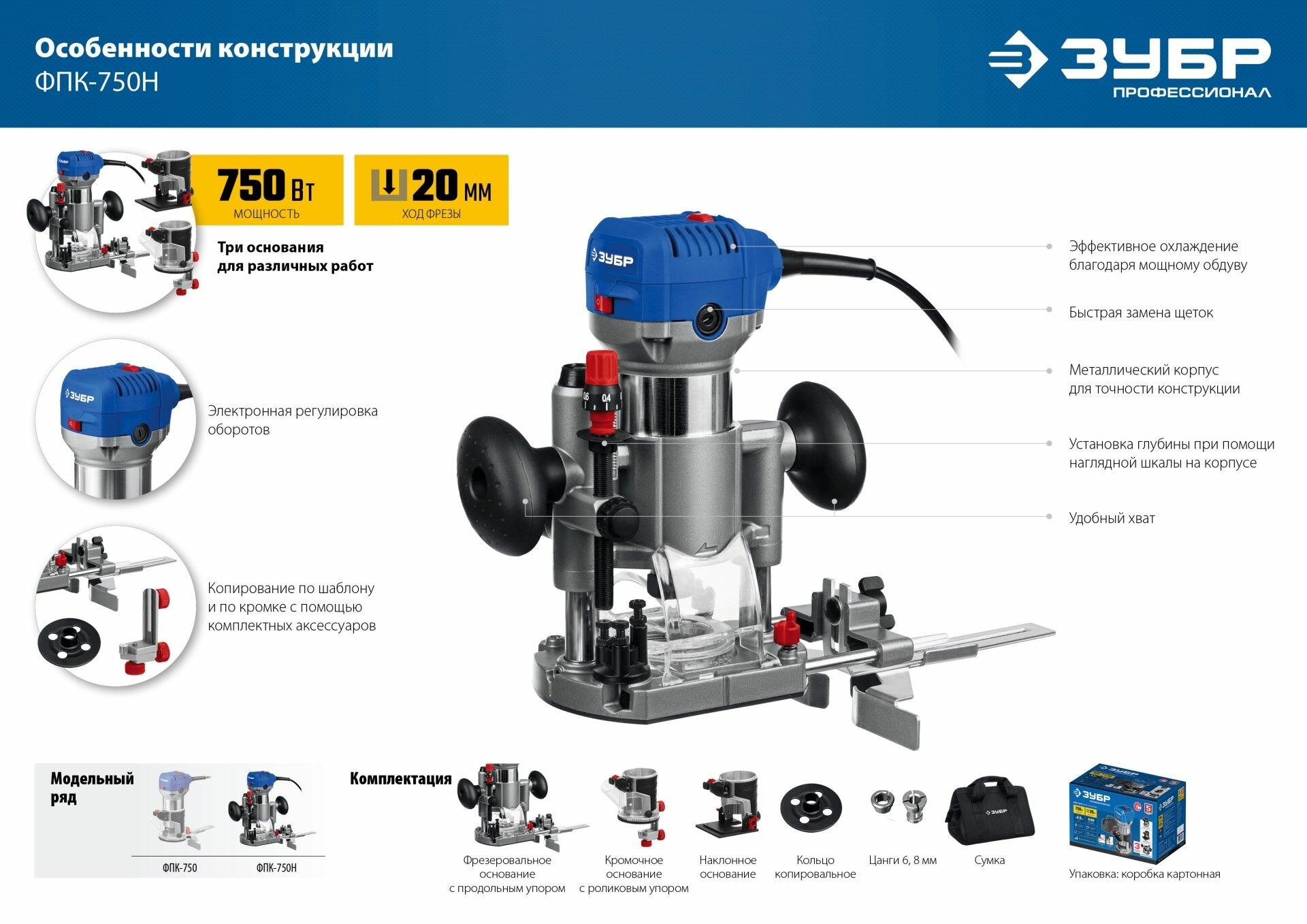 Фрезер кромочный ЗУБР 750 Вт, сумка, 3 основания, Профессионал (ФПК-750Н) — фото 1