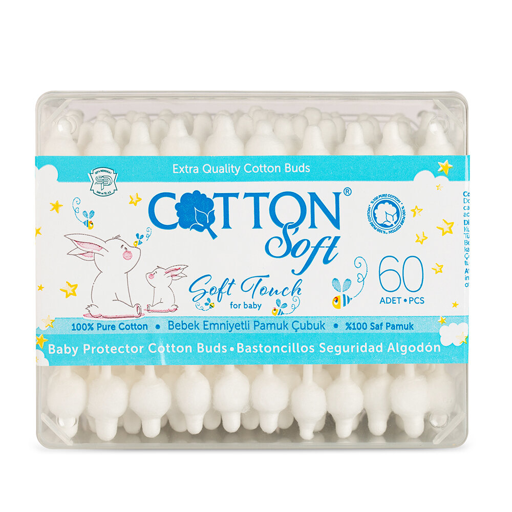 Картинки Ватные палочки Cotton Soft с ограничителем в боксе 12 уп по 60 штук