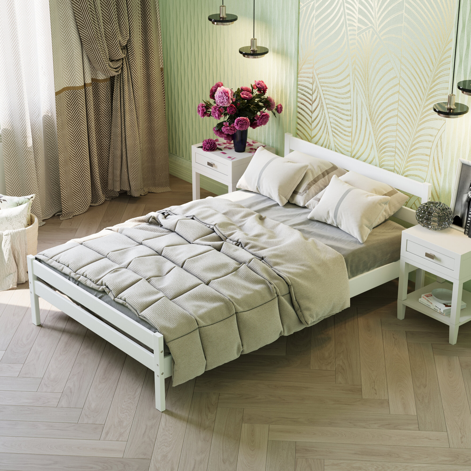 Кровать двуспальная деревянная из массива березы 120х200 см белая