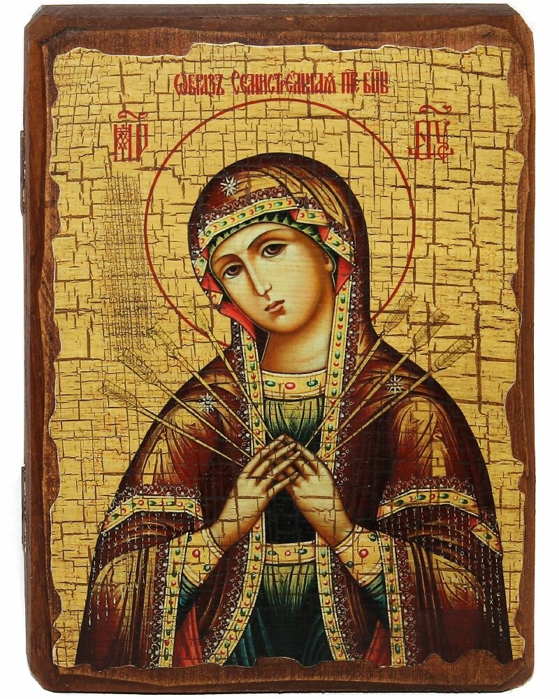 Икона под старину Божией Матери "Семистрельная", дерево (размер: 13х17 см).