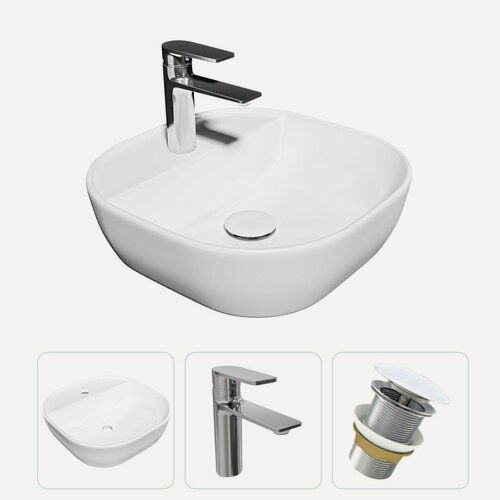 Изображение товара Раковина накладная для ванной Teymi Solli 40 в комплекте смеситель хром и донный клапан клик-клак без перелива белый F07652