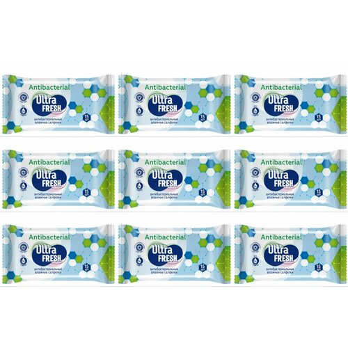 Ultra Fresh Салфетки влажные, Premium Antiseptic, 15 штук, 9 упаковок салфетки влажные ultra fresh breeze 15шт