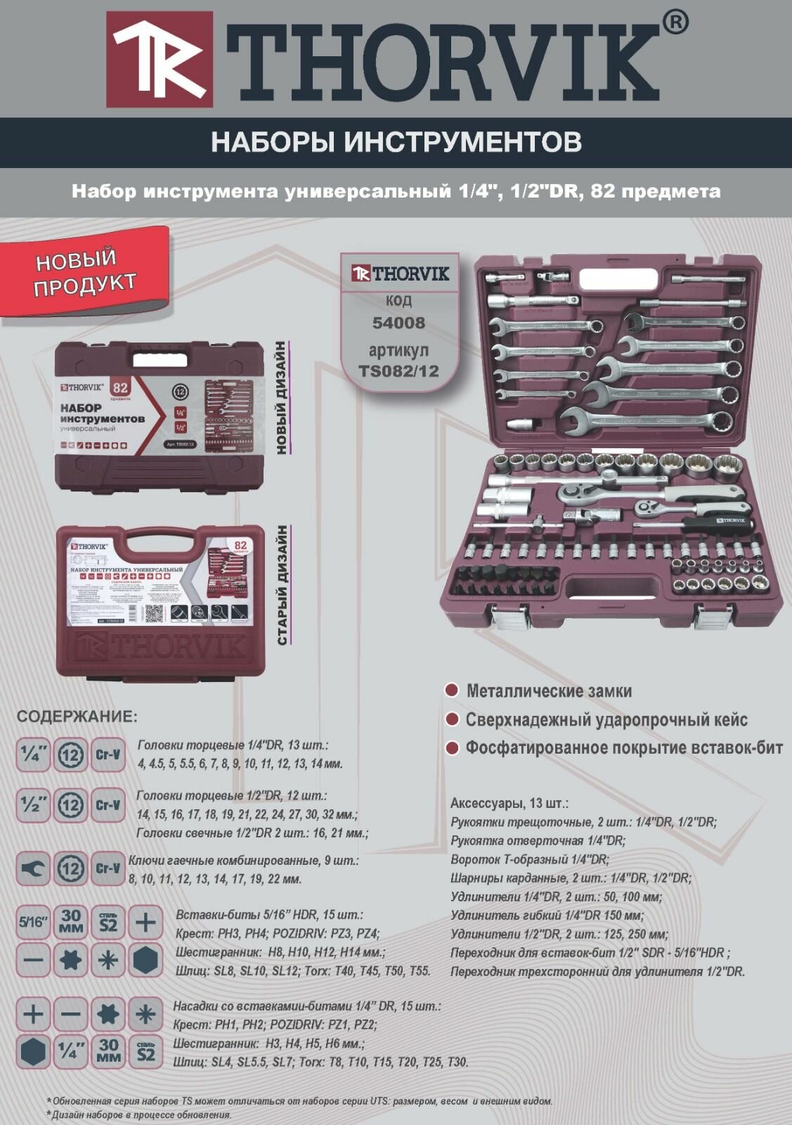 Универсальный набор инструментов для автомобиля и дома TS082/12 1/4", 1/2"DR с головками торцевыми 12-гранными, 82 предмета THORVIK