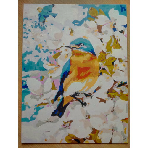 Картина по номерам Птичка в цветущем саду (40х30 см) готовая (раскрашенная)