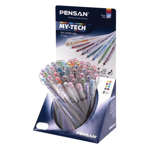 Ручка шариковая масляная PENSAN My-Tech Colored, палитра классических цветов ассорти, игольчатый узел 0,7 мм, линия 0,35 мм, дисплей, 2240, 2240/S60-4, 60 штук в упаковке