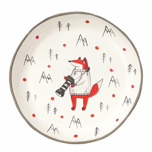 Тарелка ручной работы с бортиком Лис в горах с фотоаппаратом, белая, 13 см