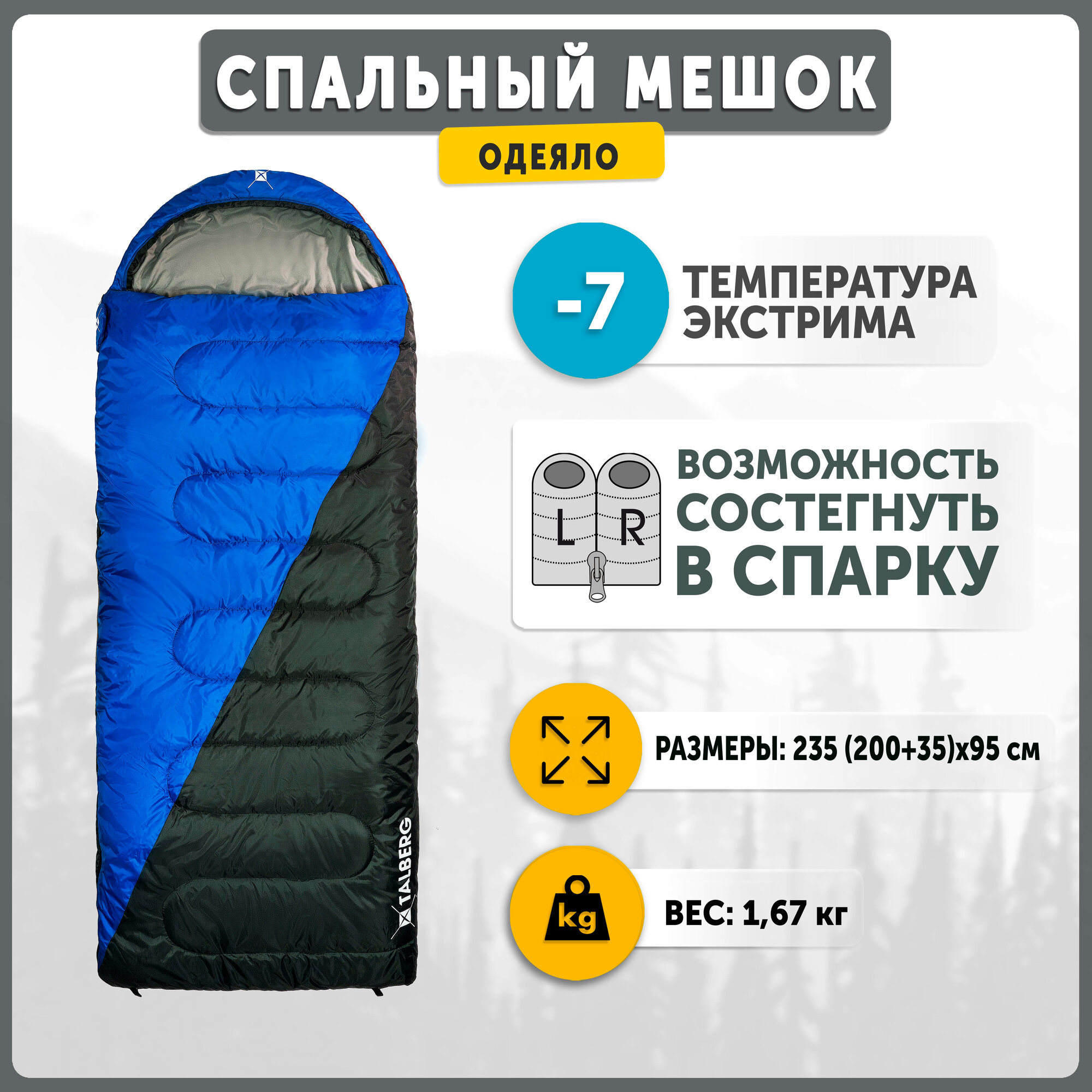 Спальный мешок-одеяло Talberg TRAVELLER -7°C, синий правый